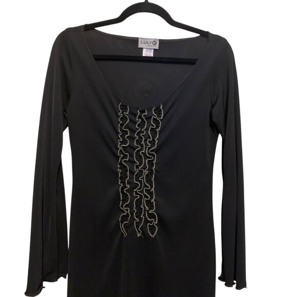 Vintage Luly K Sheer Black Midi Dress With Ruffle Front Bell Sleeves Sz L Witchy - Picture 7 of 16